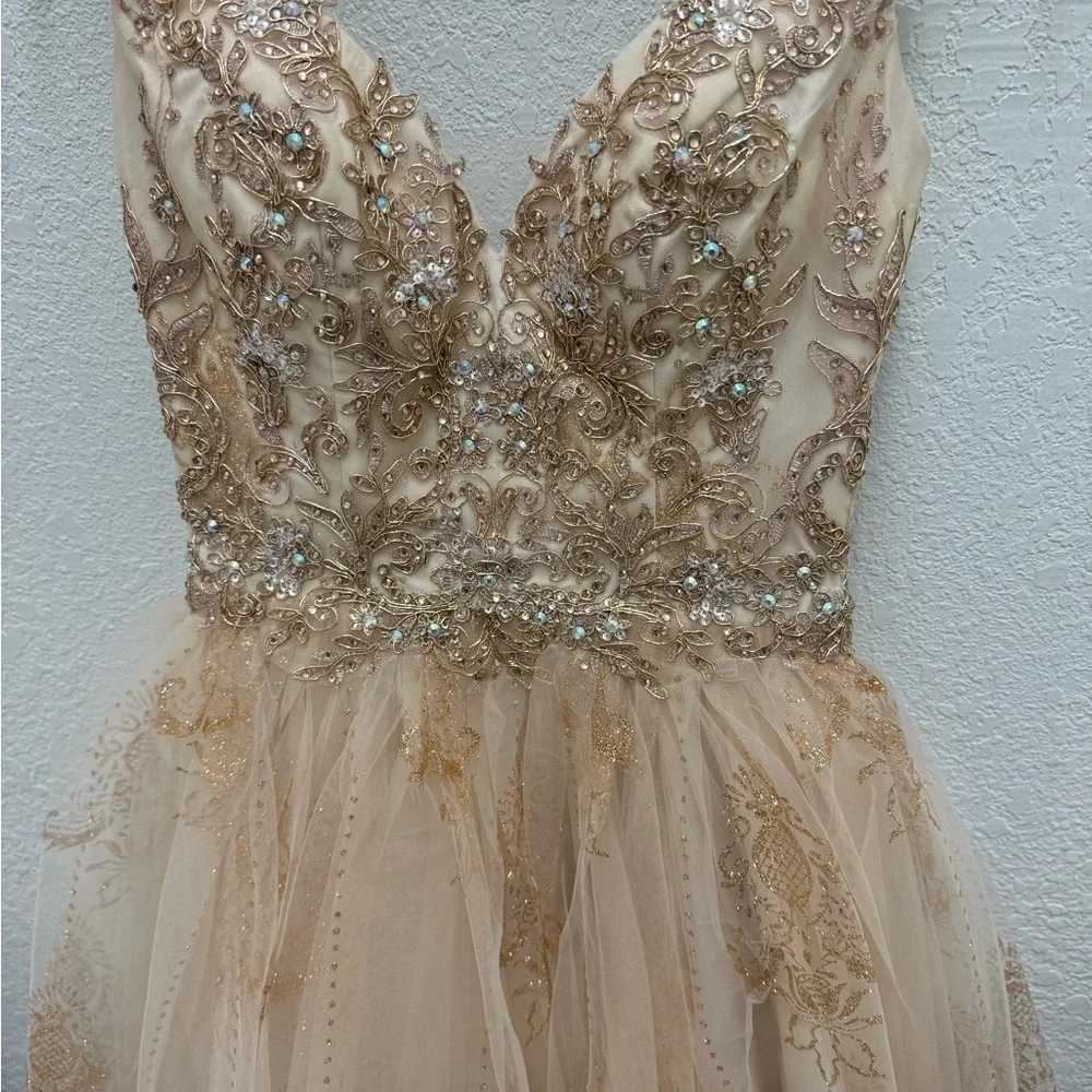 Dancing Queen Formal Sleeveless Mini Metallic Champagne Gold Dress‎ Women's XS